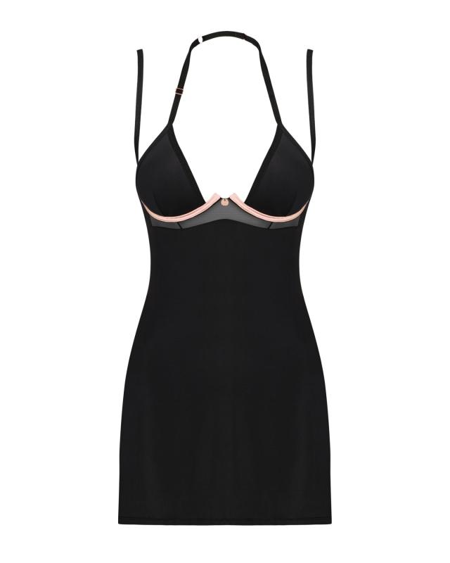 SO8671 Сорочка Obsessive Selinne chemise & thong M/L Black, стринги, двойные бретели