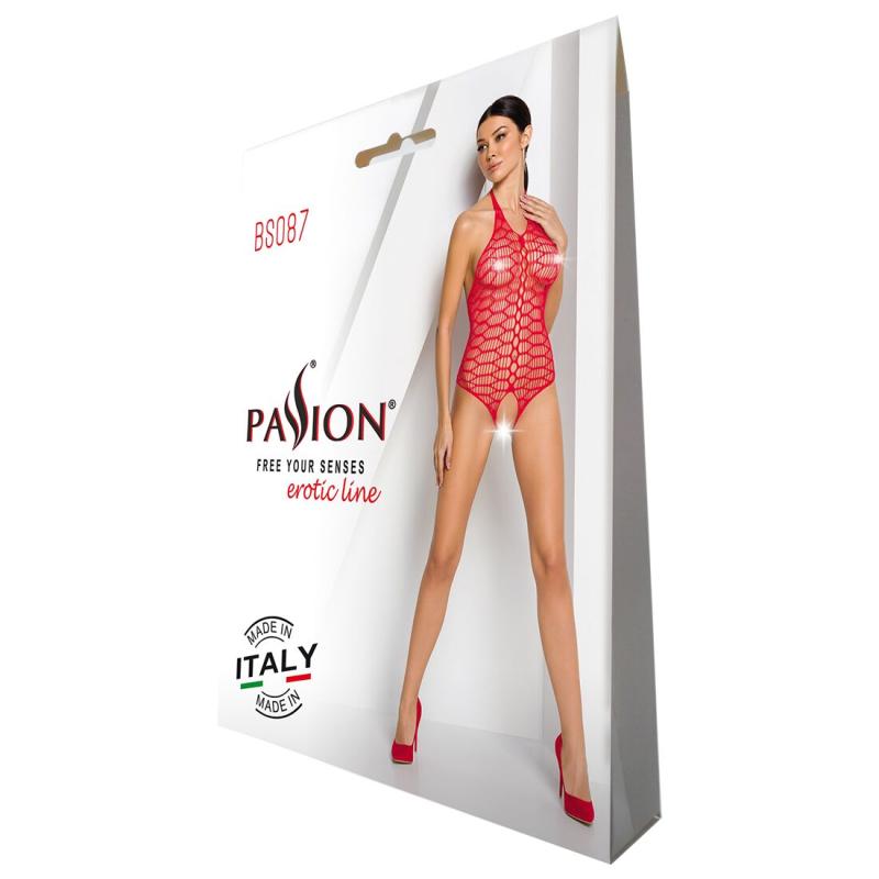 SO6380 Бодистокинг в крупную сетку Passion BS087 red, открытая спина, халтер, с доступом
