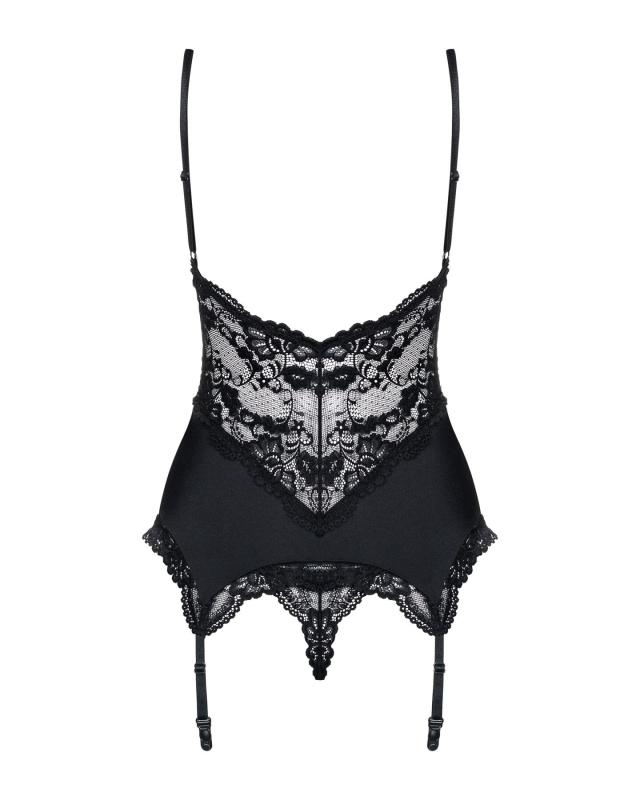 SO7156 Сатиновый кружевной корсет Obsessive 810-COR-1 babydoll & thong S/M, черный, корсет, танга