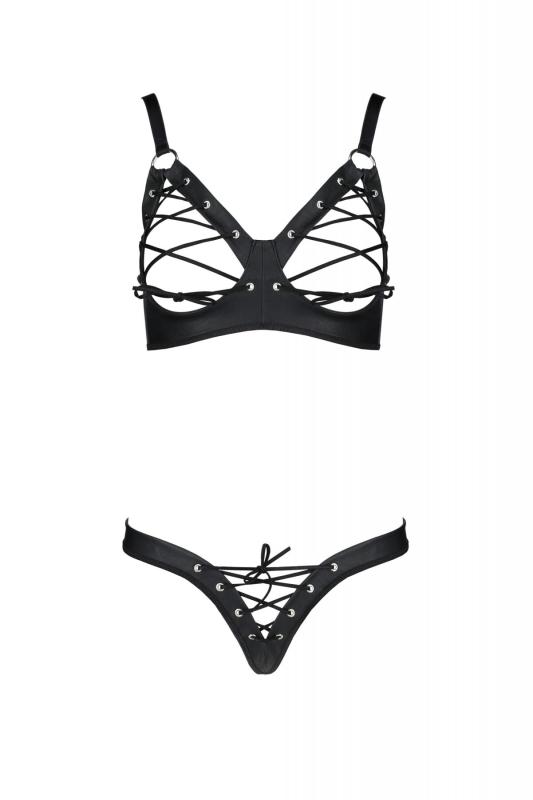SO7058 Комплект з екошкіри Passion Celine Bikini 6XL/7XL black, відкритий бра, стрінги зі шнурівкою