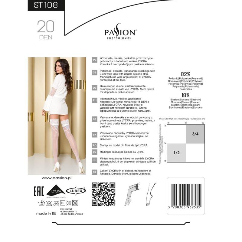 SO5775 Чулки Passion ST108 3/4 белые, на ажурной силиконовой резинке с люрексовой нитью