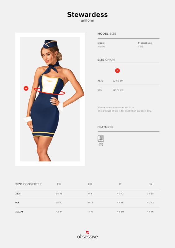 SO7729 Еротичний костюм стюардеси Obsessive Stewardess uniform XS/S, blue, сукня, пілотка, шарф, манжети