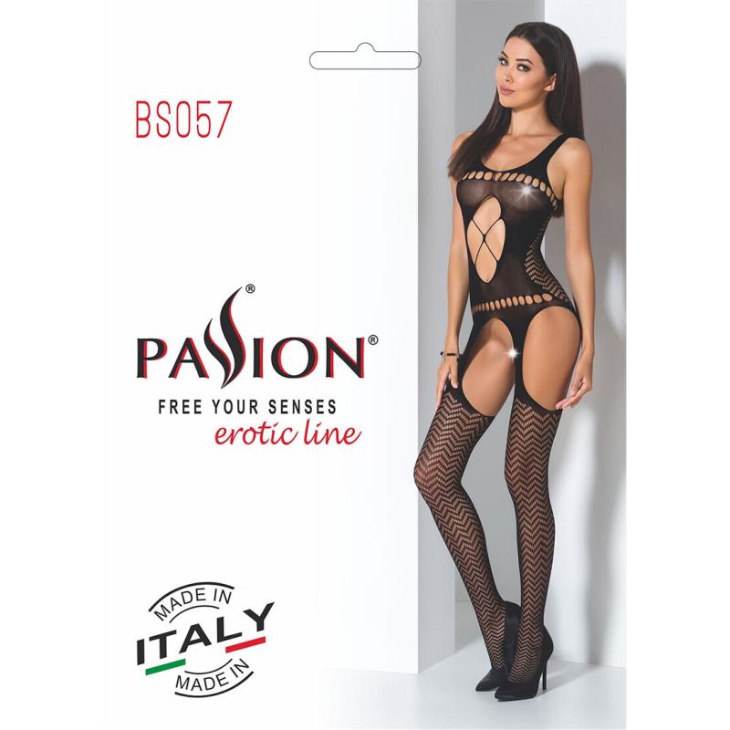 PBS057B Бодістокінг Passion BS057 black, комбінезон, імітація панчох і пояса