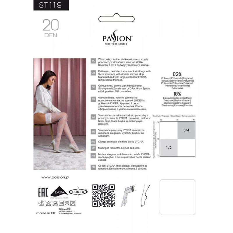 SO5783 Чулки Passion ST119 3/4 белые, на ажурной силиконовой резинке, с цветочным декором и люрексовой нить