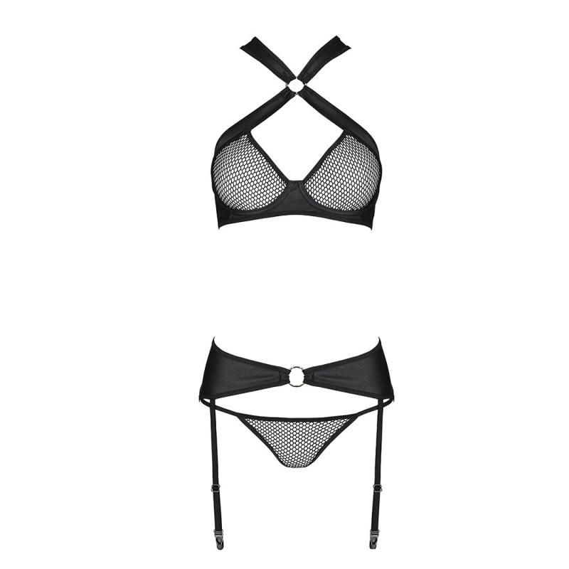 SO5322 Сітчастий набір: бюстгальтер з халтером, трусики та пояс для панчох Amanda Set black S/M - Passion