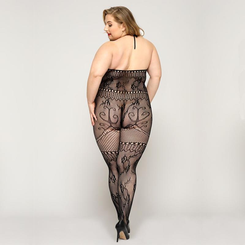 SO8390 Кружевной бодистокинг JSY «Горячая Хейли» Plus Size, Black, халтер, имитация чулков, открытый доступ