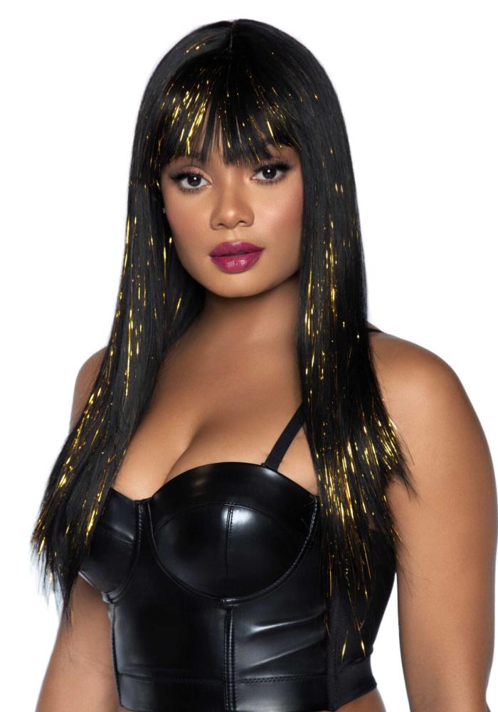 SO7940 Черный парик с золотыми прядями Leg Avenue Long bang wig with tinsel, 60 см