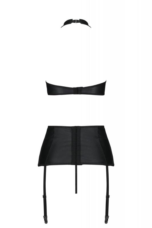 SO7106 Комплект з екошкіри Passion Nancy Set 4XL/5XL black, імітація шнурівки, топ, пояс для панчіх