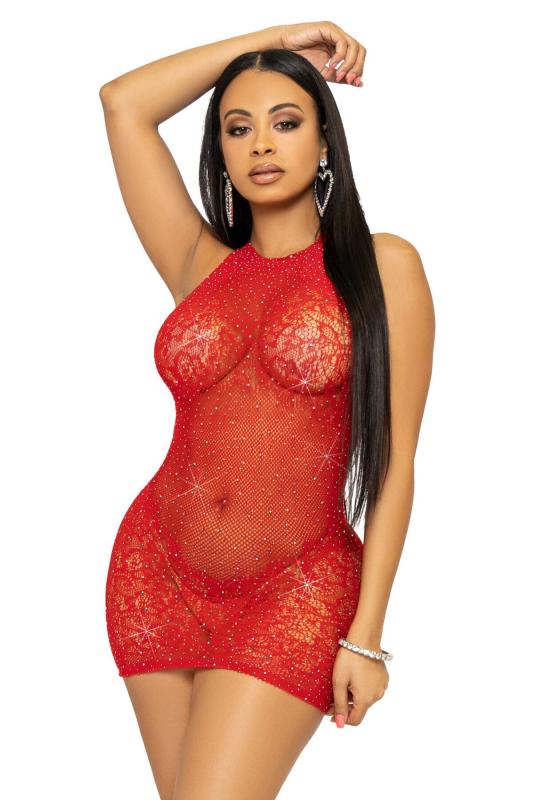 SO7958 Платье-сетка со стразами Leg Avenue Rhinestone halter mini dress Red, открытая спина, one size