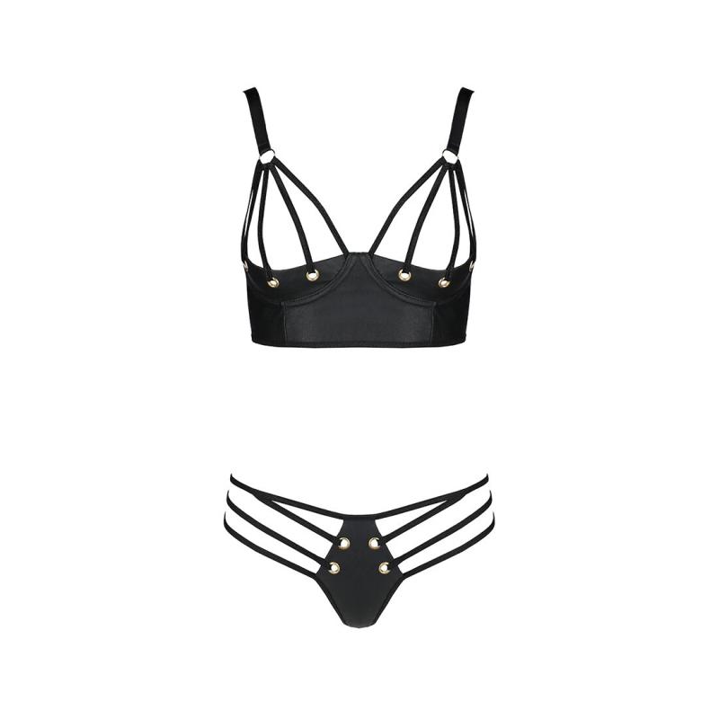 SO5762 Комплект з екошкіри з люверсами та ремінцями Malwia Bikini black L/XL — Passion, бра та трусики