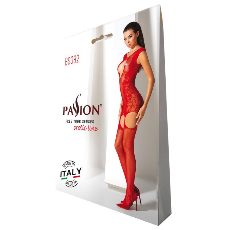 SO4736 Ажурный бодистокинг с чулками Passion BS082 red