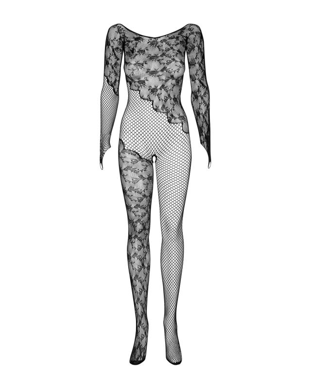 SO7221 Бодістокінг Obsessive Bodystocking F210 S/M/L black, рукава-мітенки, сітка, кольорове мереживо