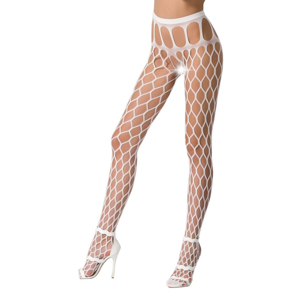 PSS021W Эротические колготки-бодистокинг Passion S021 white, в крупную сетку с высоким пояском
