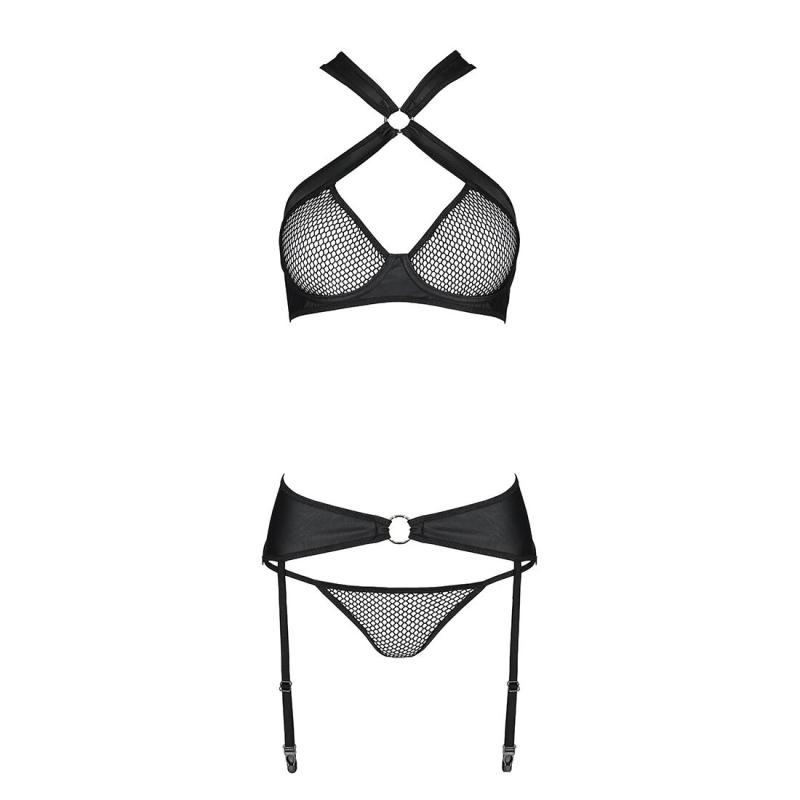 SO5323 Сітчастий набір: бюстгальтер з халтером, трусики та пояс для панчох Amanda Set black XXL/XXXL - Pass