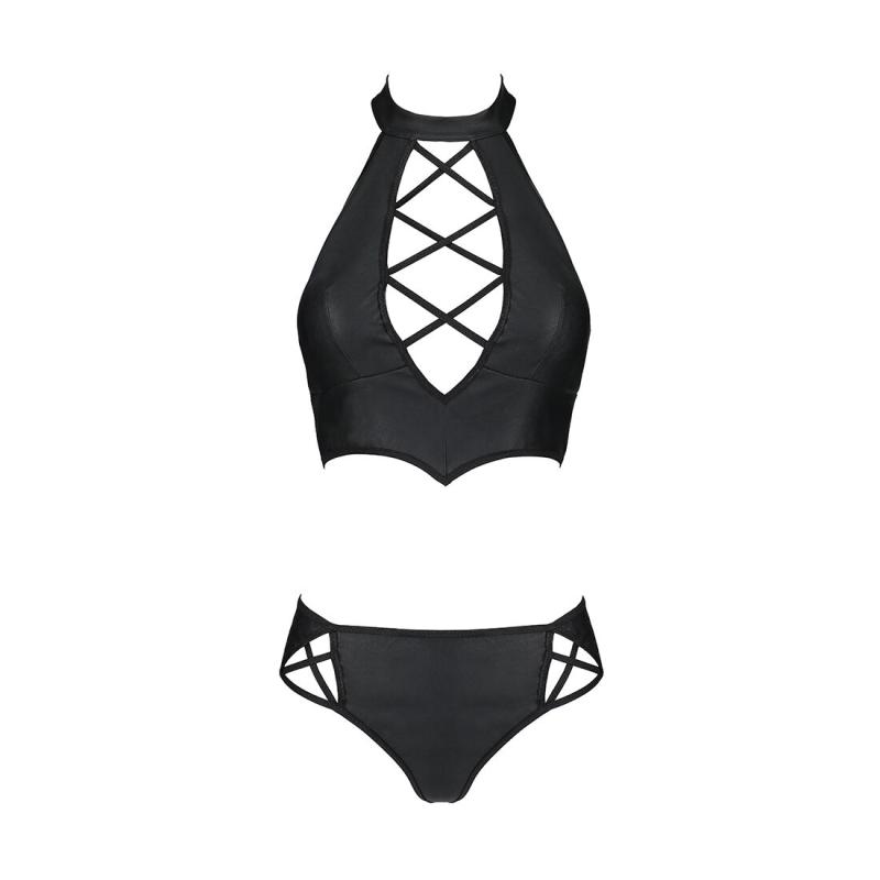 SO5367 Комплект из эко-кожи Nancy Bikini black L/XL - Passion, бра и трусики с имитацией шнуровки