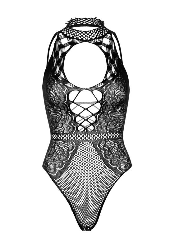 SO7898 Leg Avenue Net and lace halter bodysuit OS Black