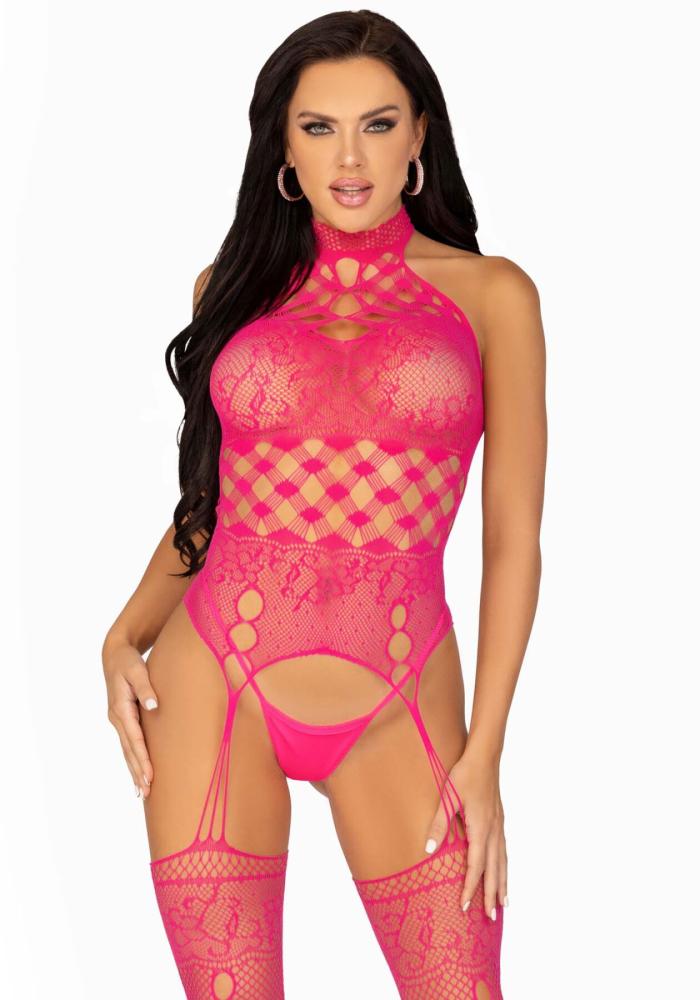 SO8572 Кружевной бодистокинг с открытым доступом Leg Avenue High neck lace bodystocking One size Raspberry