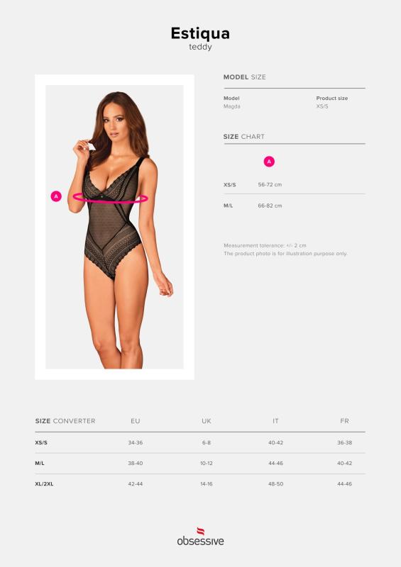 SO7260 Мереживне боді з декольте Obsessive Estiqua teddy M/L, чорне, широкі лямки