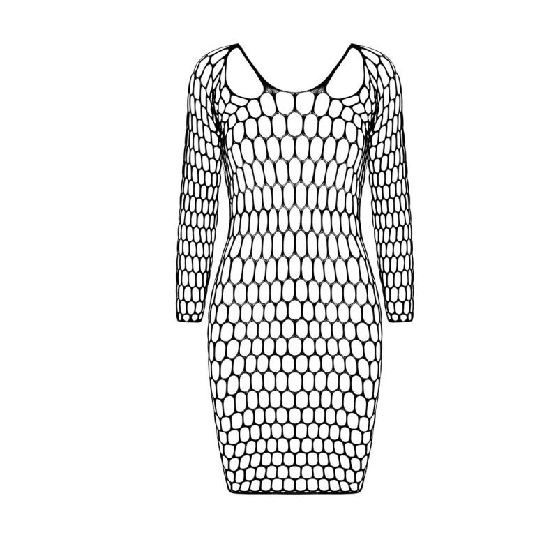 SO6397 Бодистокинг-платье с глубоким воротом Passion BS093 black, длинные рукава