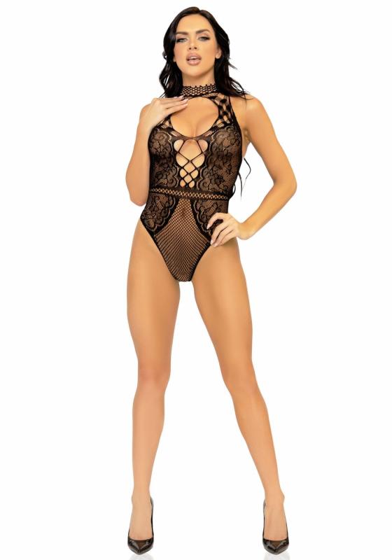 SO7898 Leg Avenue Net and lace halter bodysuit OS Black