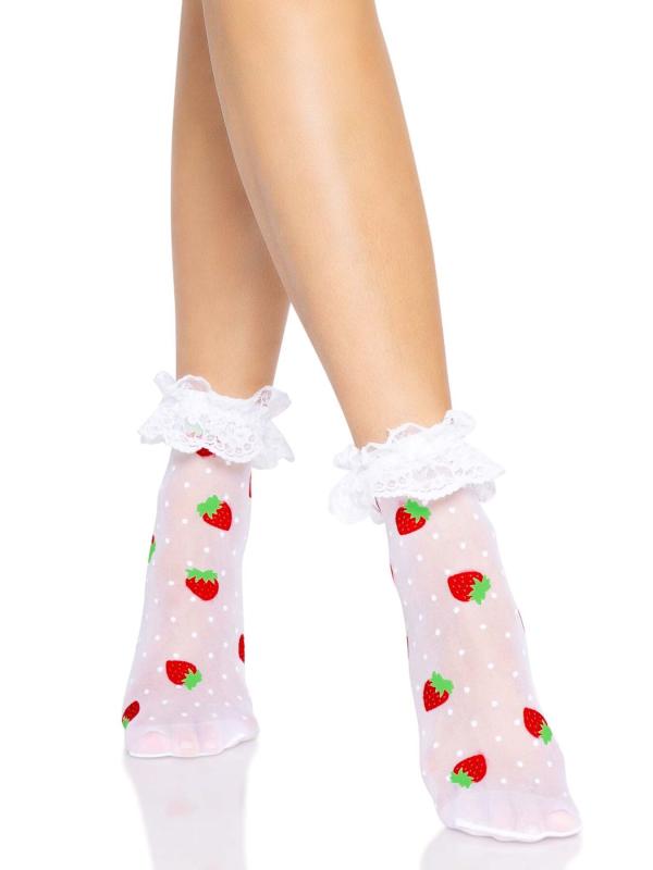 SO8583 Носки женские с клубничным принтом Leg Avenue Strawberry ruffle top anklets One size, кружевные манж